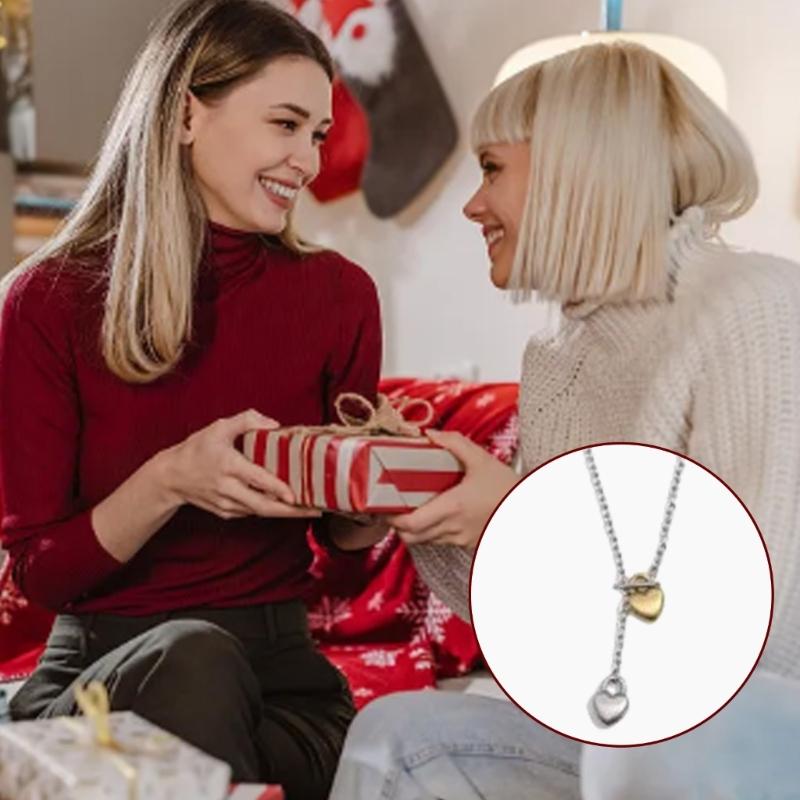 Fashionable Double Heart Pendant Necklace OT Buckle Sweater Chain Adjustable Length Neckchain Accessory for Daily Wear