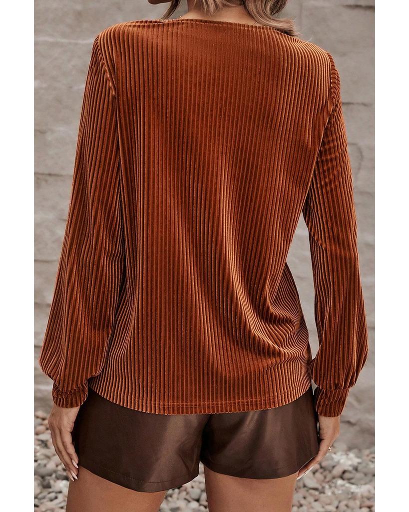 Azura Exchange Chestnut Half Zip V Neck Ribbed Velvet Top