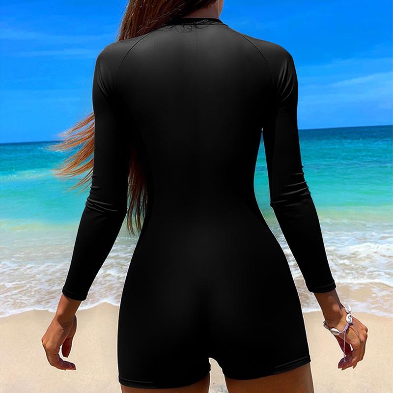 2026 European Slimming Color Block Long Sleeve Sun Protection One-Piece Swimsuit for Women