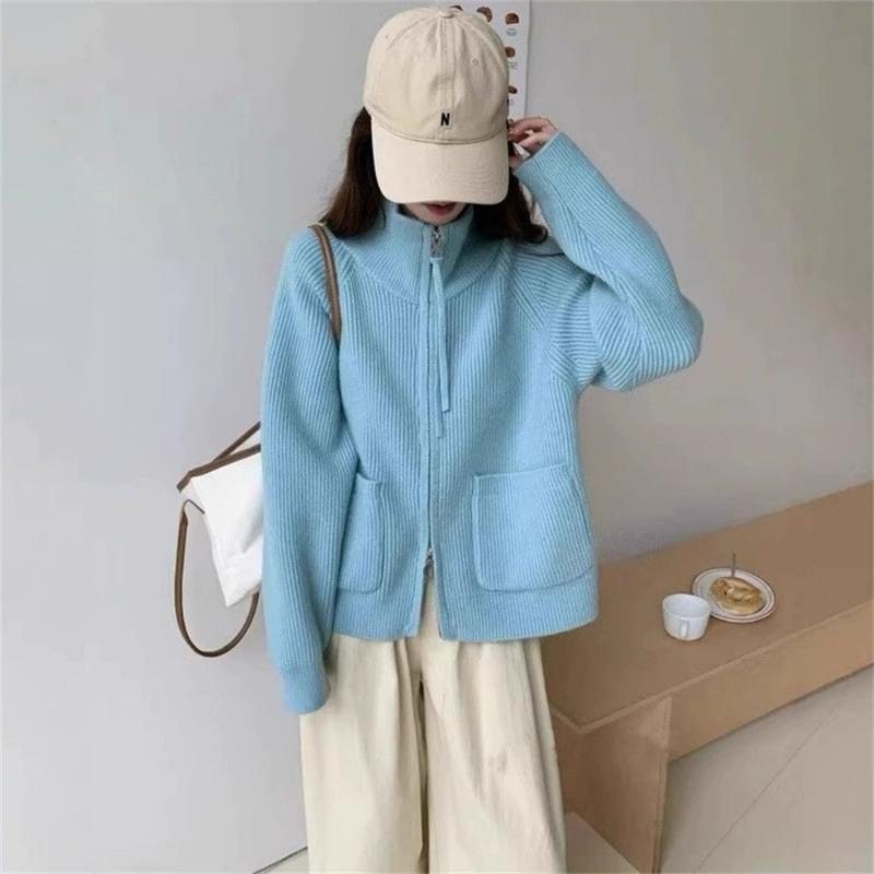 Simple Casual Stand-up Collar Double Zipper Knitted Cardigan Women's Autumn and Winter New Loose Lazy Versatile Sweater Jacket
