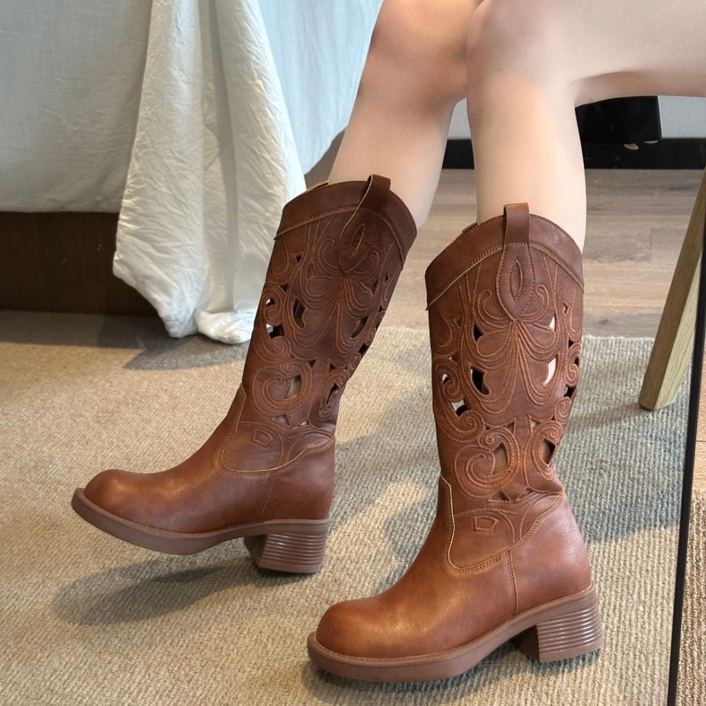 Embroidery v-mouth thick-soled thick-heeled western cowboy boots women's 2025 new retro round head hollow Martin boots high boots