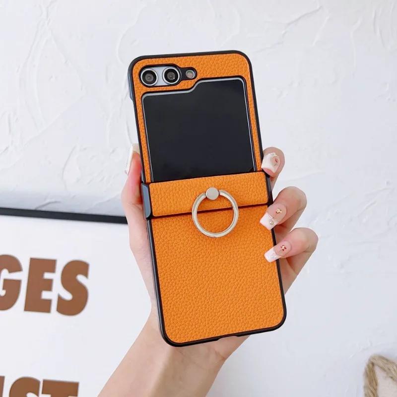 Litchi Patterned Leather Phone Case for Samsung Galaxy Z Flip 6 5 4 3 Flip6 Flip5 Flip4 Flip3 5G Ring Holder Shockproof Cover