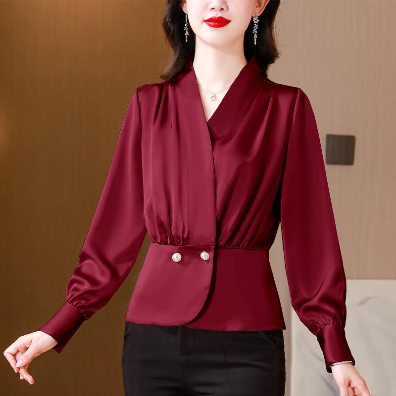 Frühlingsstil Pendler-Temperament V-Ausschnitt Langärmliges Schickes Oberteil Koreanischer Stil Pendler-Stil und Intellektuelles Hemd