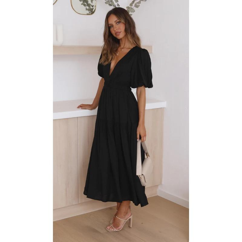 Women's Casual Fashion Trend Summer V-neck Waist Midlength Dress