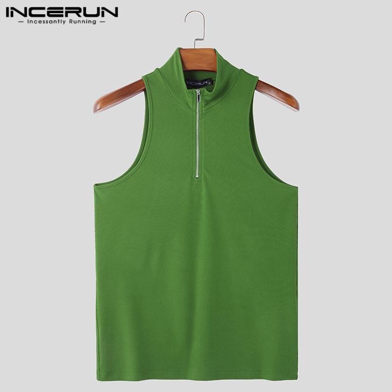 INCERUN Men Zip-up Mockneck Sleeveless Solid Color Summer Casual Tank Tops