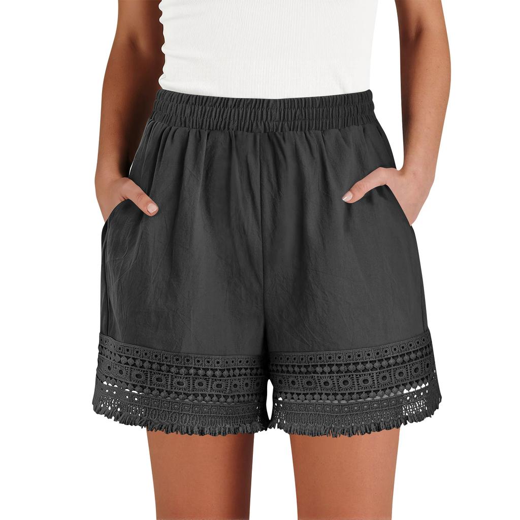 Women’s High Waist Elastic Shorts with Crochet Lace Trim Loose Fit Lightweight Summer Casual Shorts with Pockets