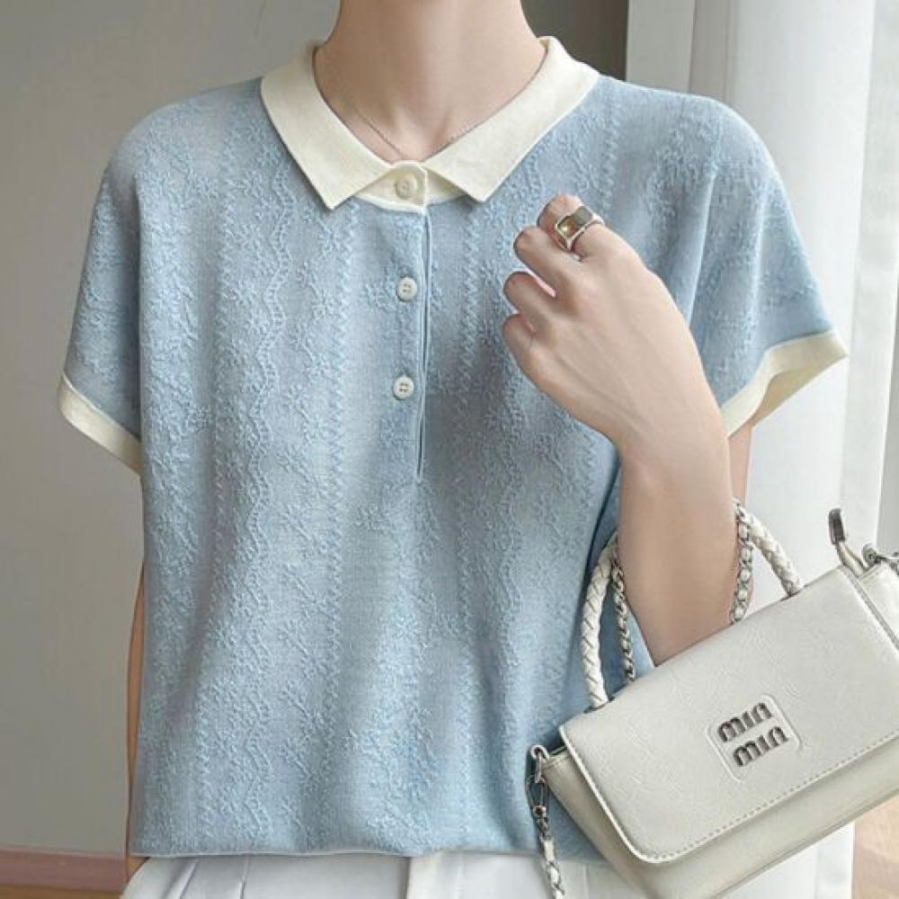 Navava Women Embroidery Point Color Collar Cap Sleeve Knit Tee Nk3612