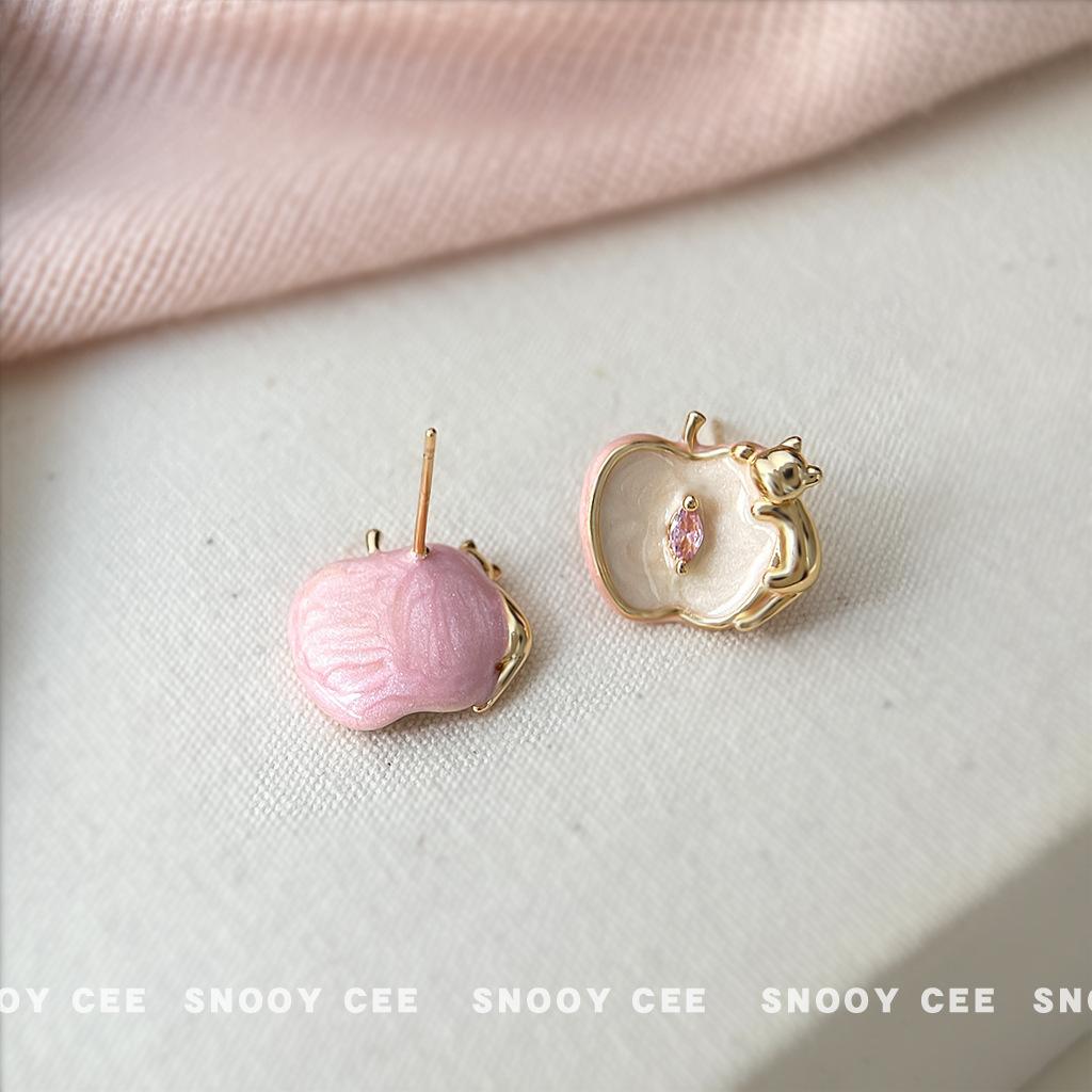 Оригинальные дизайнерские серьги-гвоздики с эмалью в виде яблока и кошки, серьги с painted цирконом, капельная глазурь