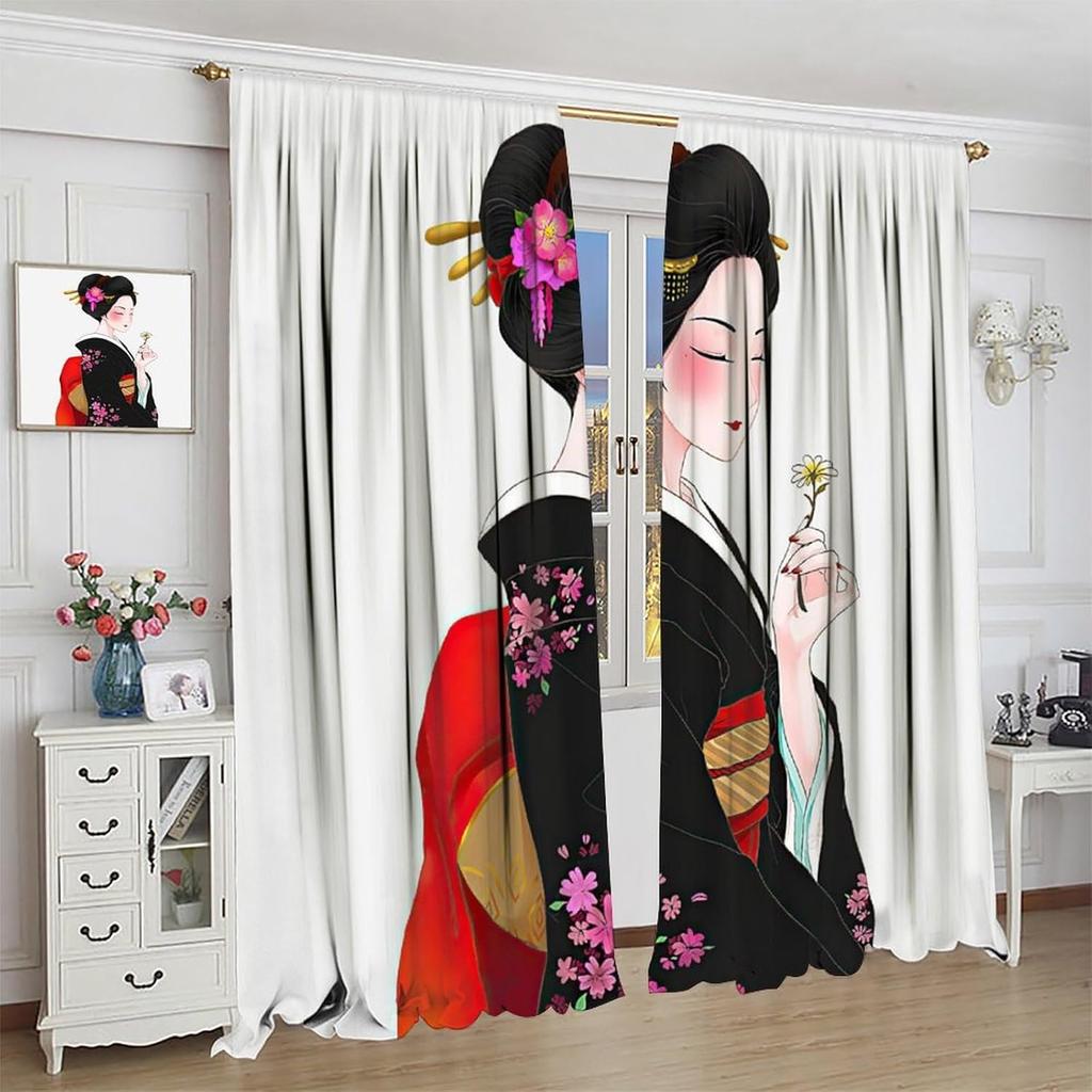 Japanese Geisha Theme Room Blackout Curtain, Asian Art Cartoon Geisha Room Bedroom Decorative Curtain Cherry Oriental, Girl Pers