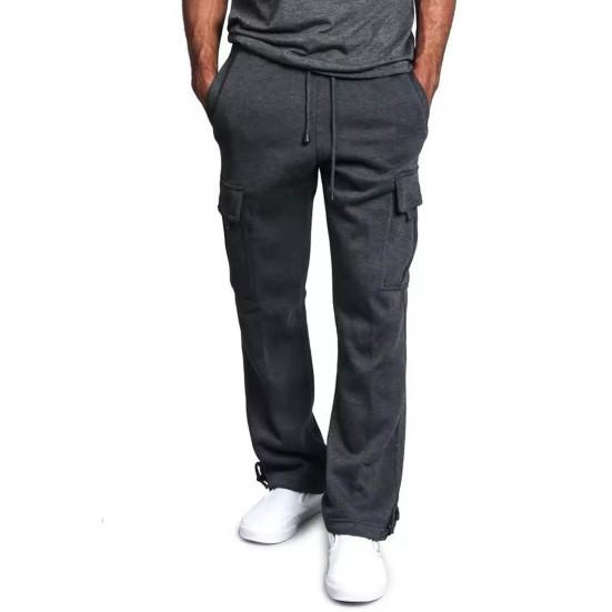 Yousheng Men Cargo Pants Elastic Waist Adjustable Drawstring Casual Overalls with Multi Pockets Solid Color Wide Leg Pants