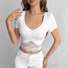 Stitching Pleated Women's Lace Short Sleeve Lounge Wear Clothing Slim-Fit Top Beach