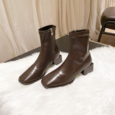 Huge Comfort! Niche Design Square Head Thick Heel Short Boots Women's Medium Heel British Elastic Boots Thin Boots Bare Boots Women