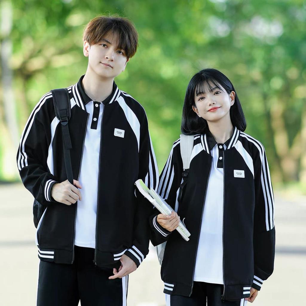 College Style Black Baseball Jacket Set for Students – 3-Piece Autumn Sports School Uniform