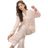 Women's Sweet Leopard Print V-Neck Fleece Pajama Set - Cozy Long Sleeve Homewear for Autumn/Winter