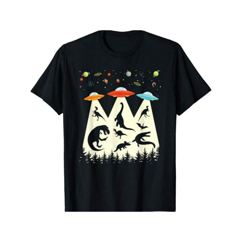 

European Sizes Men s Retro Dinosaur & UFO Graphic T-Shirt - Vintage Alien Adventure Design, All-Season Comfort, Machine Washable S