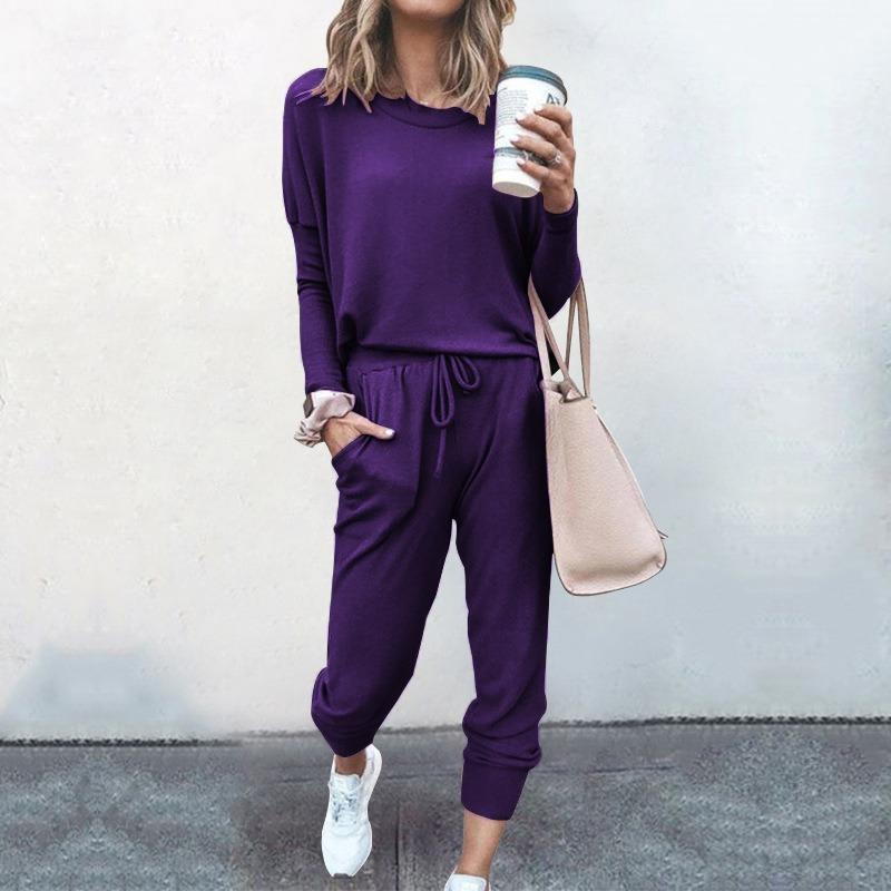 Women's Fashion Casual Spring Autumn Solid Color Print Long Sleeve O-Neck Trousers Pants Suits