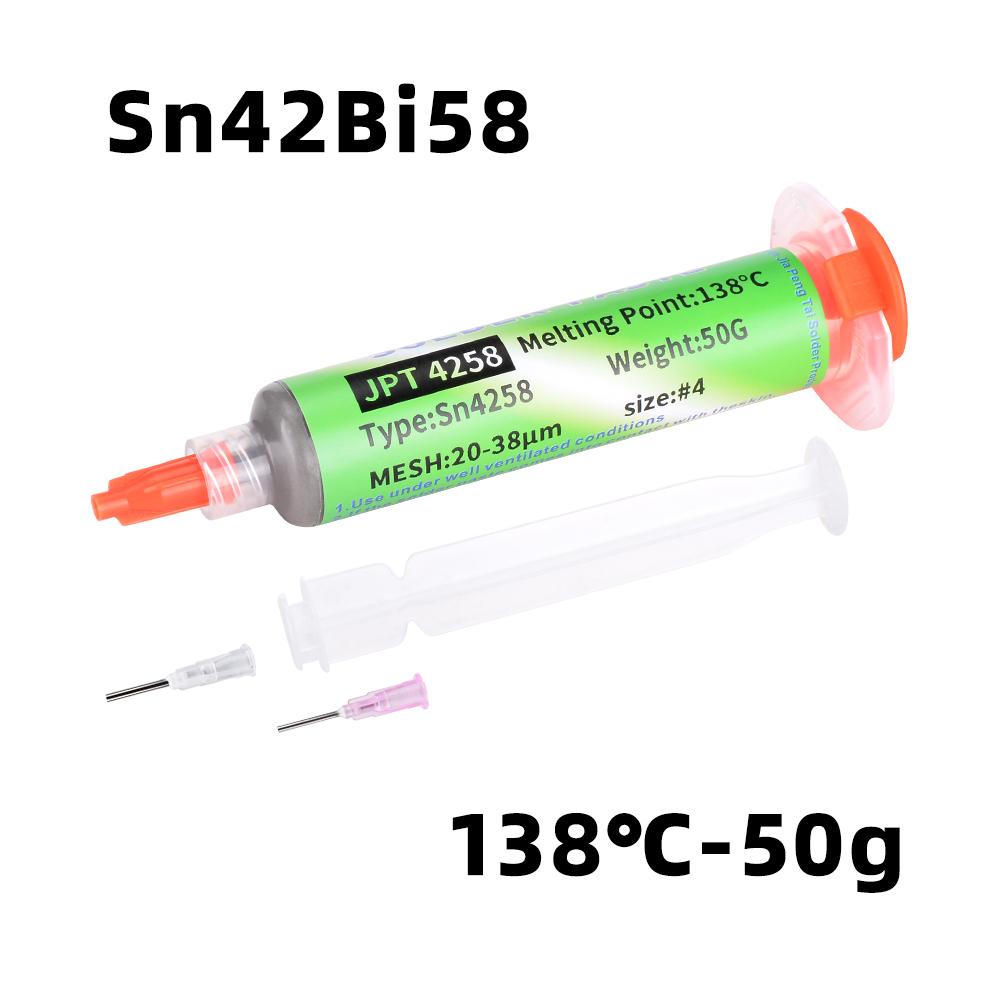 Sn42Bi58 SMD-Schweißpaste 138 ℃ Niedertemperatur-Bleifreie Spritze No-Clean-Lötpaste für die Reparatur von Telefonkomponenten