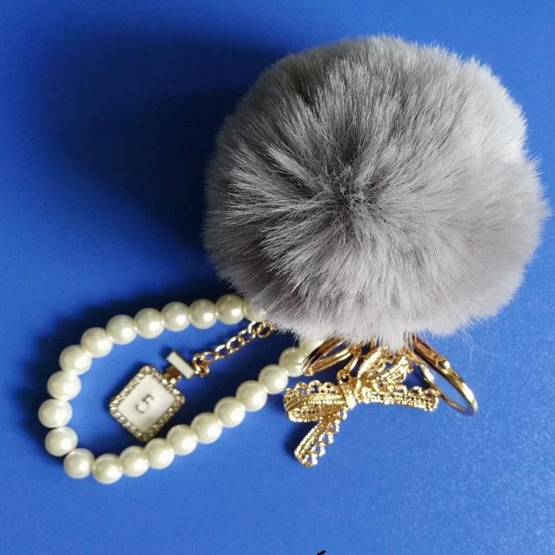 Car Women handBag Key Chain Fashion Pearl Chain Crystal Bottle Bow Pompom Keychain Fluffy Puff Ball Keychains Jewelry