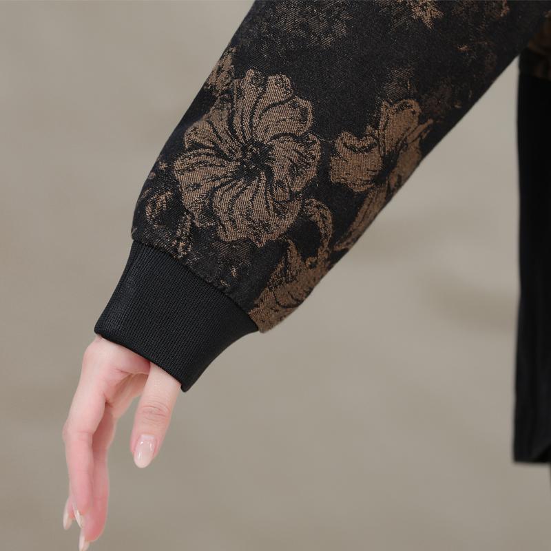 Ladies Oversized Floral Print Hooded Coat Zip Front Long Sleeve Autumn Outerwear for Elderly Women Plus Size