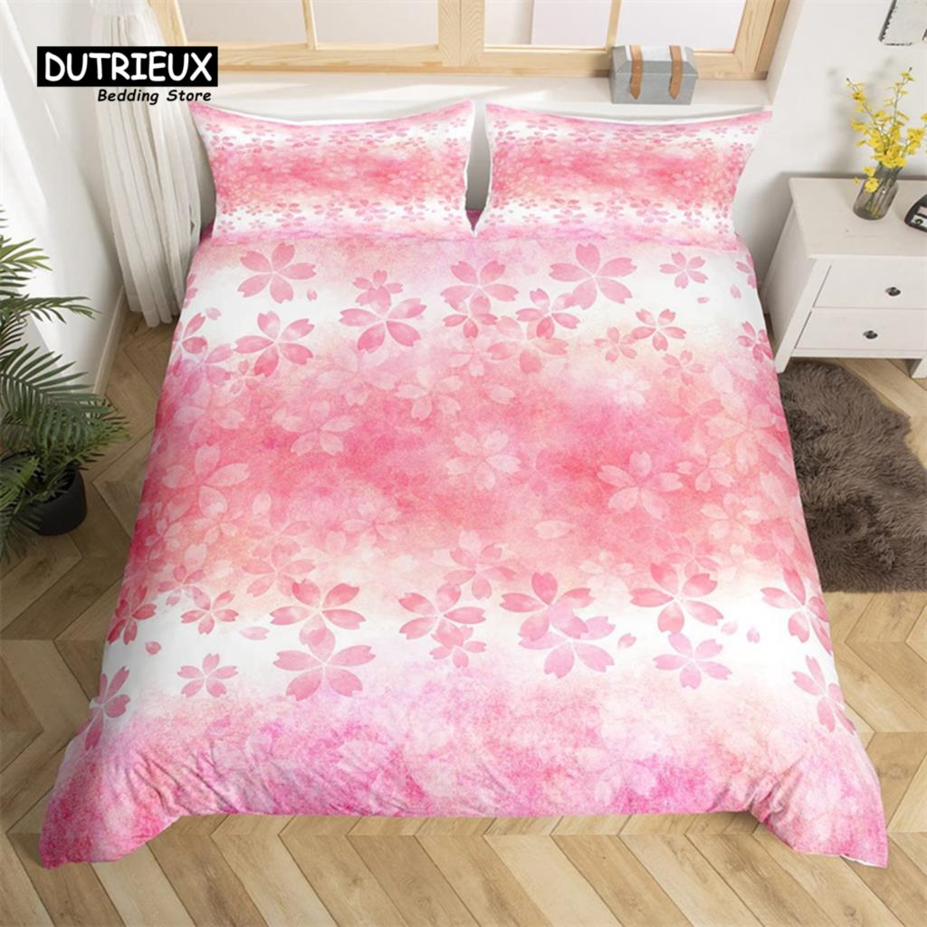 Cherry Blossoms Duvet Cover Set Japanese Floral Bedding Set Microfiber Romantic Theme Quilt Cover Twin King For Valentine's Day