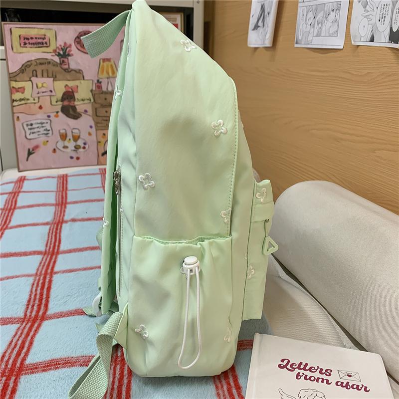 Cute Floral Embroidered Nylon Backpack for Women & Teens – Pastel Green Design with Multiple Pockets, Perfect for School and Daily Use