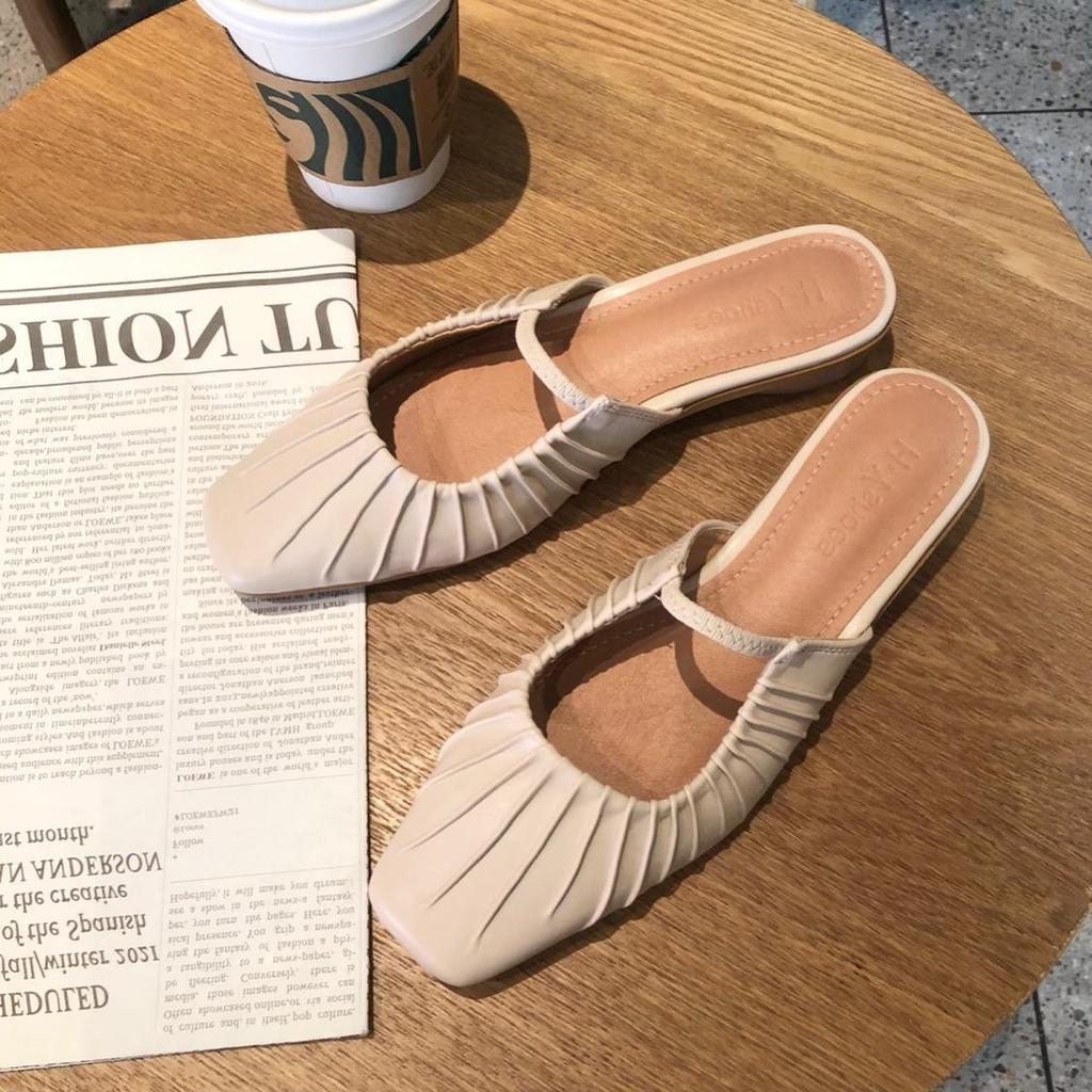 Fashion 2024 Solid Leather Sandals Woman Ruffles Mules Elastic Band Square Toe Slippers Home Flip Flops Low Heels Pleated Slides Shoes