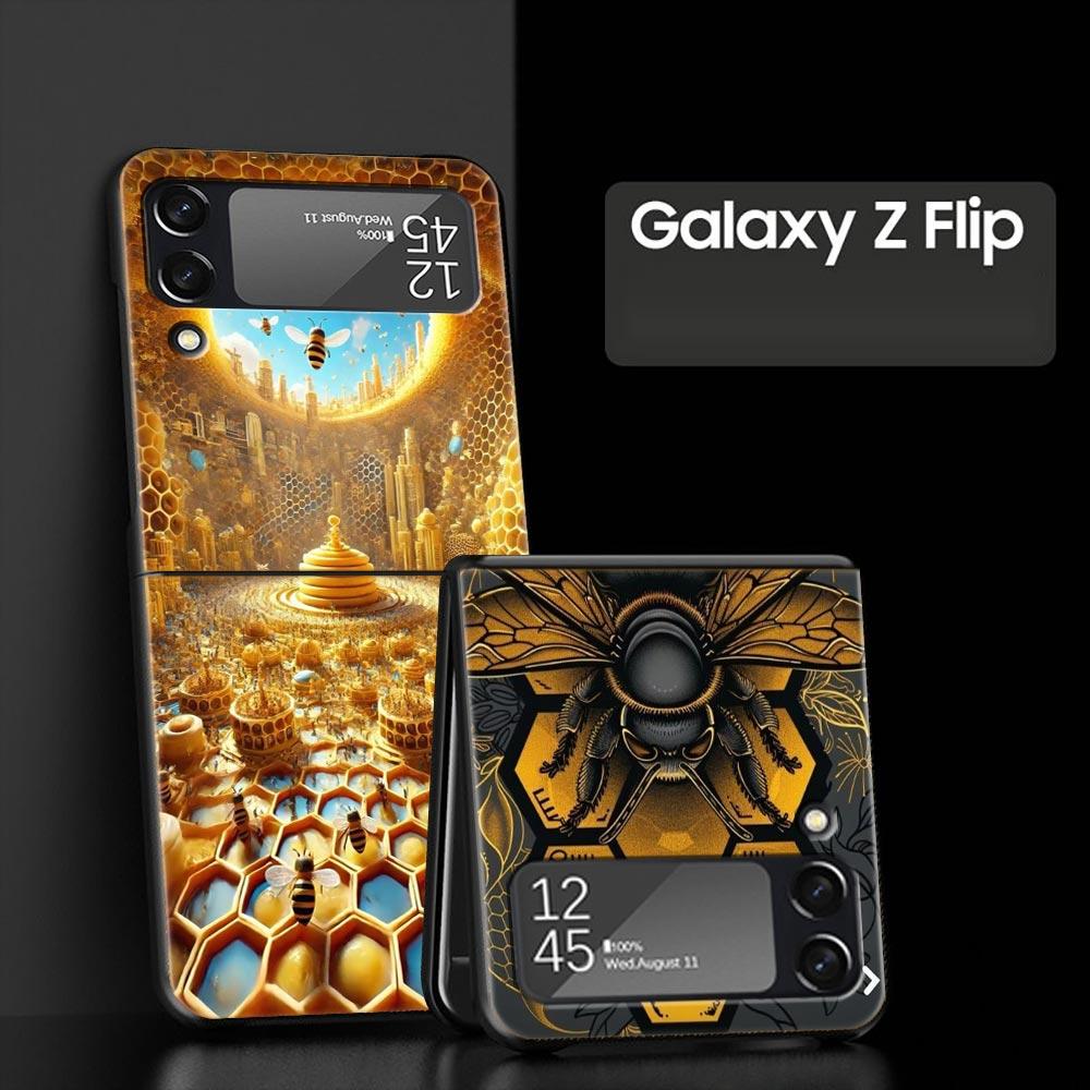 Honeybee Flower Pattern Hard PC Phone Case For Samsung Galaxy Z Flip 7 6 5 4 Black Cover For Galaxy Z Flip 3 Foldable Shell Bags