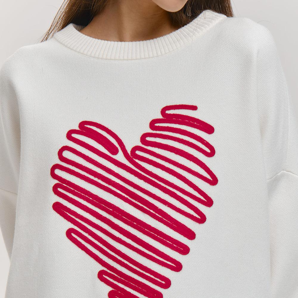 Red Love Sweater Autumn Lines Heart Sweater Round Collar Pullover Sweater Slimming Blend Office Comfortable Versatile Undercoat Long Sleeves Sweater