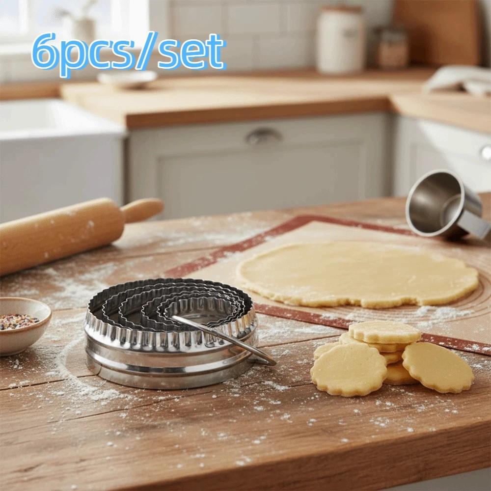 6Pcs Stainless Steel Ruffled Edge Round Biscuit Mold Hand Press Type Rust-proof Dumpling Skin Cutting Mold Corrosion-resistant
