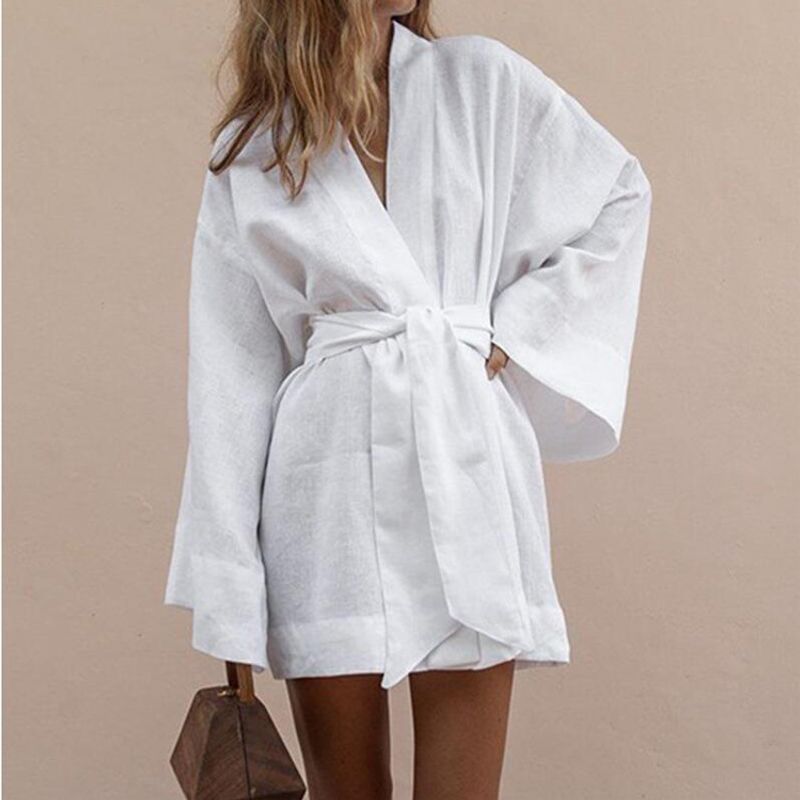 

Fashion Women s Loose Plaid Nightgown Style Shoelace Cardigan Dress Women s Casual Casual Dress White 2 XL