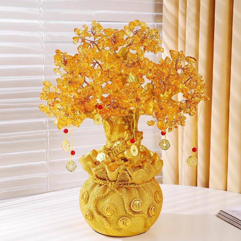 Citrine Money Tree Figurine: Attracts Wealth & Fortune, Perfect for Wine Cabinet or Living Room Entrance Decor.