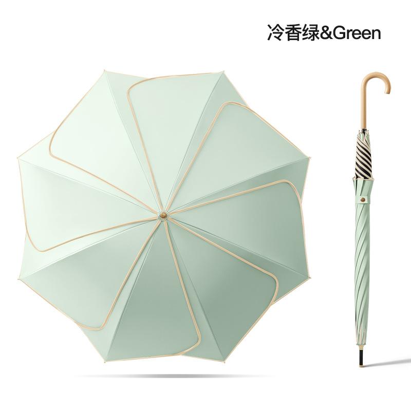 New 8-bone Straight Rod Vinyl Fabric Petal Umbrella Solid Wood Curved Handle Double Enlarged