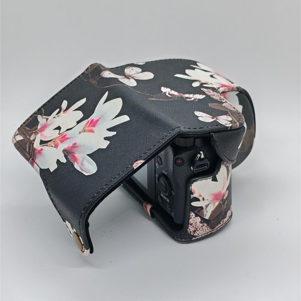 Flower PU Leather Camera Case Bag for Sony A6300 A6400 A6000 A6100 16-50mm Lens Full Body Cover With Strap