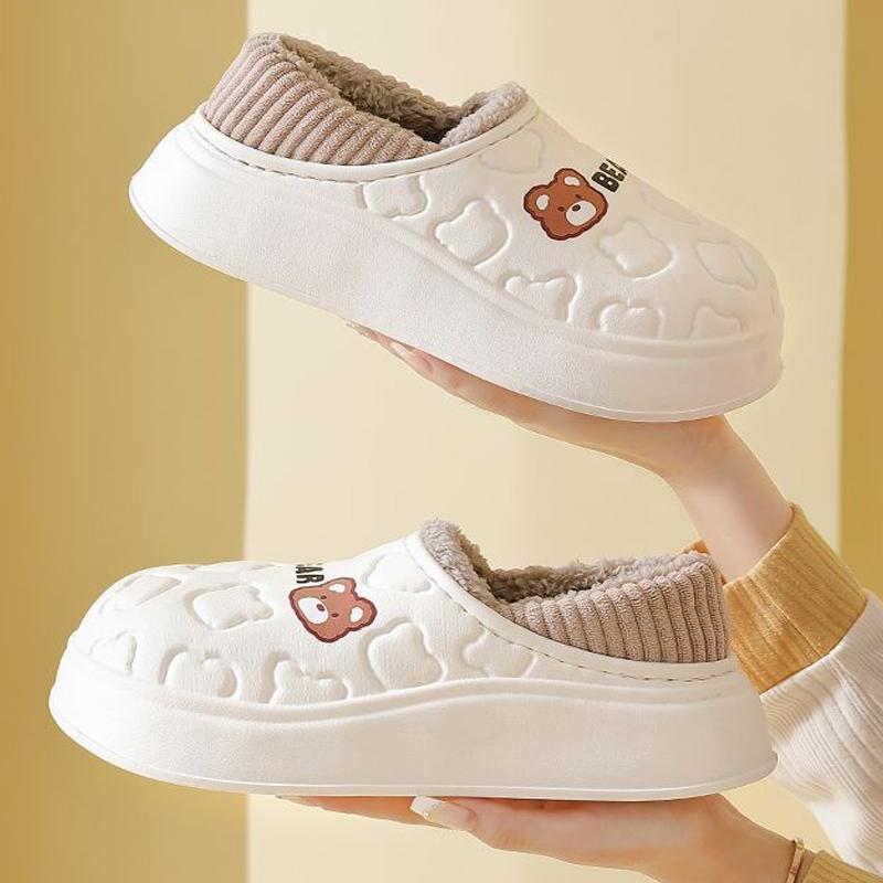 Winter Slippers For Women Bear Cartoon Outdoor Waterproof House Shoes For Men Plush Casual Shoes Indoor Fluffy Cotton Slippers
