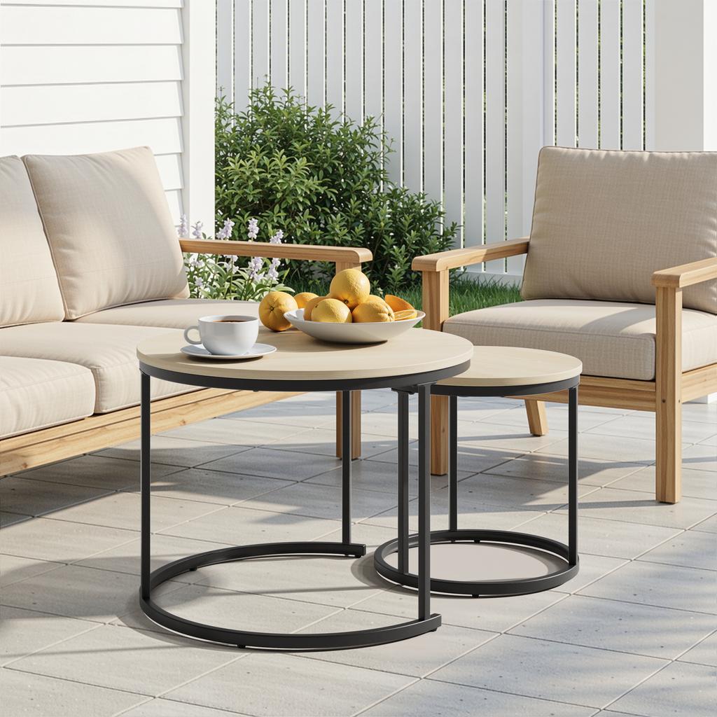 Two-Piece Nesting Coffee Table Set, Oak Veneer, Round with a Diameter of 60 cm, Metal Frame, Modern Style, Suitable for Living Room, Bedroom, Balcony.