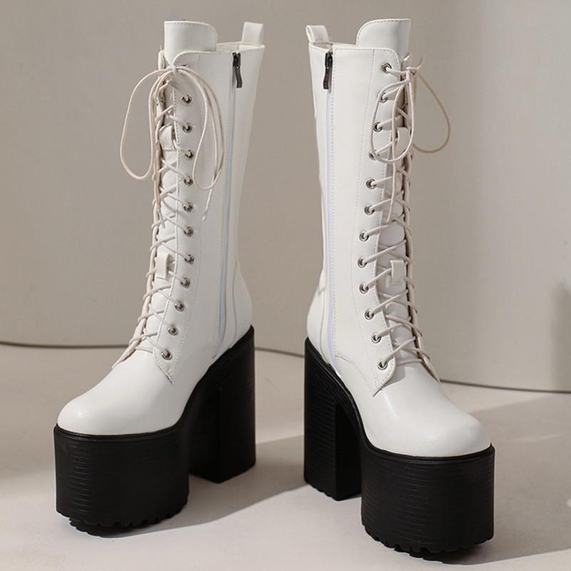 Stivali da Donna Sexy con Plateau a Metà Polpaccio Inverno Stripper Gotico Punk Tacchi Stivale per Donna Stringati Nero Bianco Scarpe Feticcio Taglia Grande