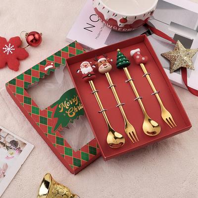 4Pcs Weihnachtsgeschenk Glod Löffel Gabel Set Elch Weihnachtsbaum Dekoration Dessert Scoop Obst Gabel Kaffee Löffel Besteck Set