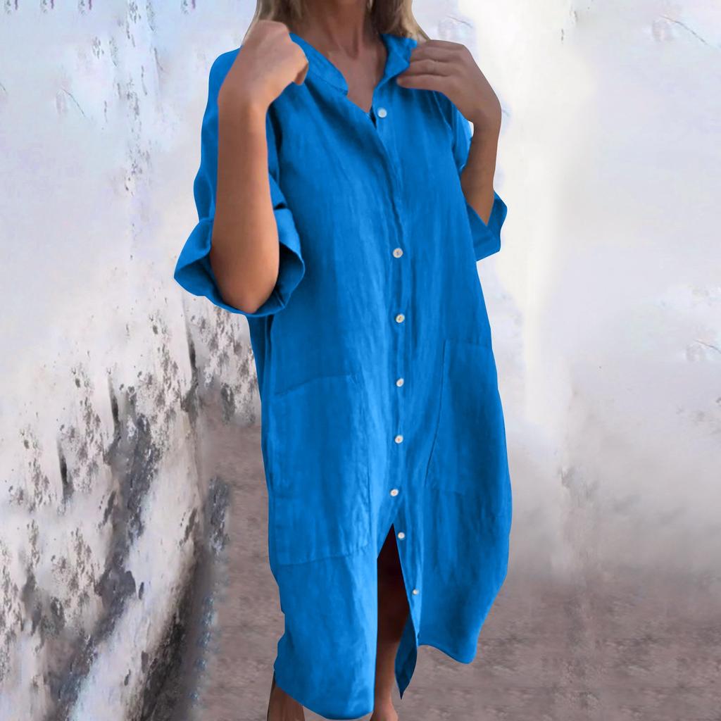 Women's Fashion Casual Button Cardigan Cotton And Linen Solid Color Dress With Pockets