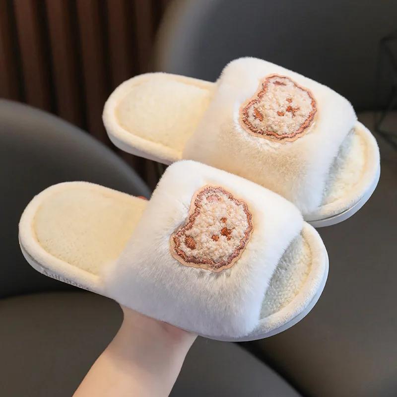 

Girl s Cartoon Slippers Furry Open Toe Solid Color Home Outdoor Children Sliders Winter Fashion Anti-slip All-match Kids Shoes 24 for (15-16CM) бежевий