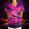 Women's Halloween Print Loose V-Neck Short Sleeve Pocket Uniform Top Scrub Costume Cosplay for Adult Women