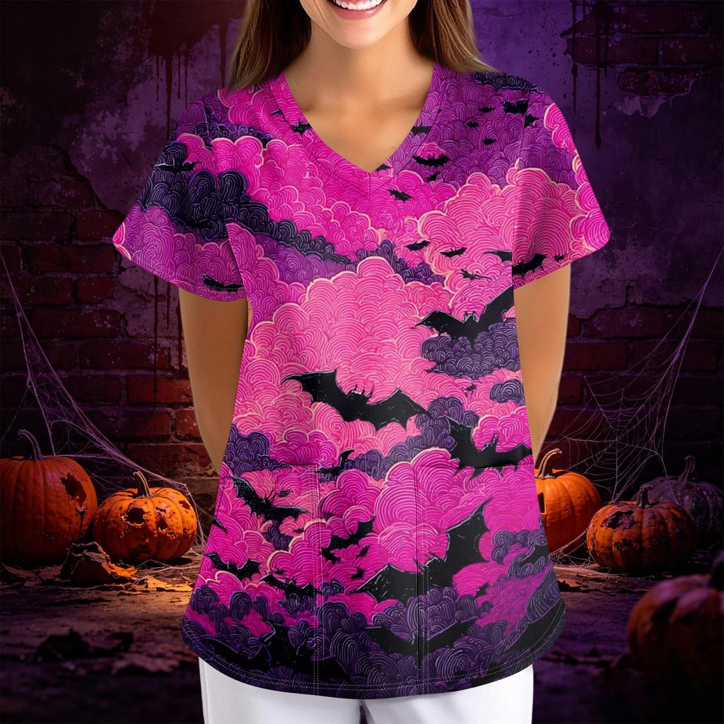 Women's Halloween Print Loose V-Neck Short Sleeve Pocket Uniform Top Scrub Costume Cosplay for Adult Women