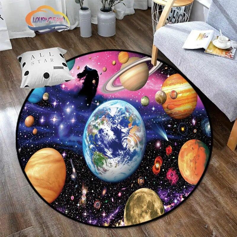 Space Universe Vector Ufo and Many Planets In Galaxy Round Bedroom Floor Mat Cosmos  solar system pattern Decoration Carpets