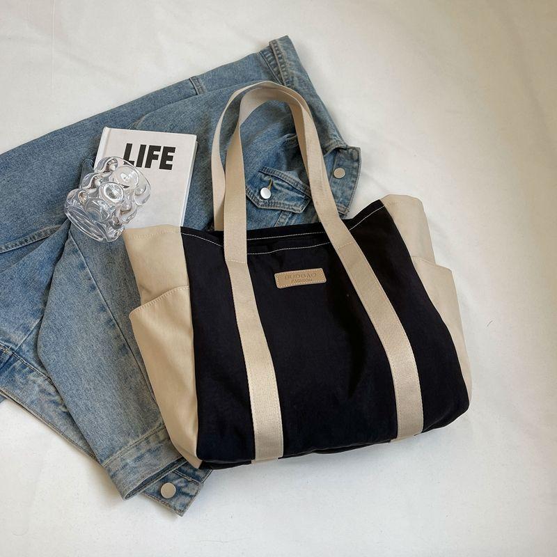 Canvas bag female college student large-capacity tote bag fashion shoulder casual handbag color matching class simple satchel