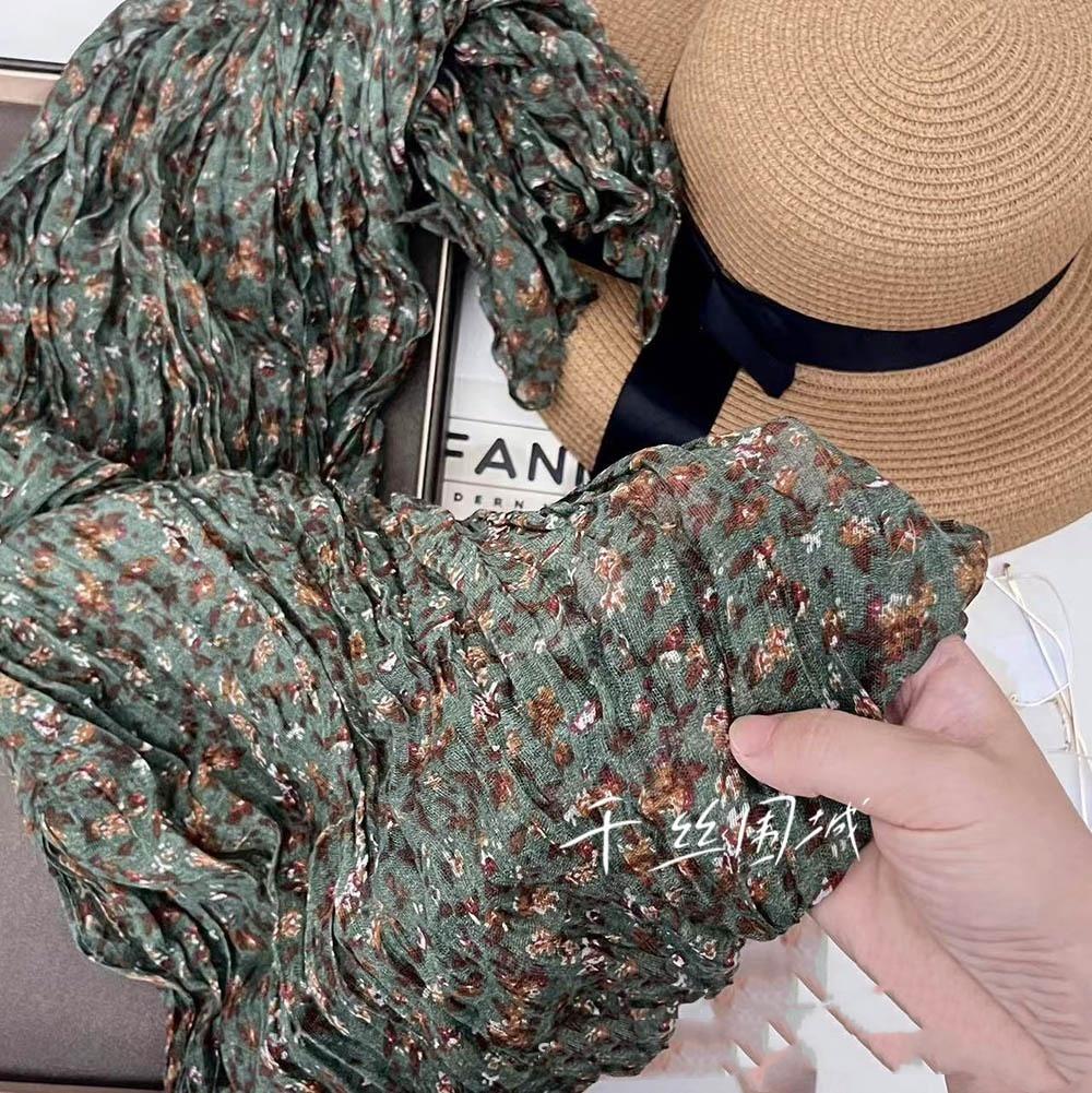 Floral Cotton and Linen Scarf New Korean Version Sunscreen Pleated Thin Retro Floral Printed Shawl Outer
