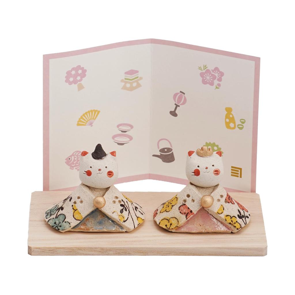 Fukubeya Seto Ware Hina Dolls, Peach Blossom Design, Cat Hina Dolls, with Stand and Screen, Modern and Cute, Perfect for Gifts (Cat)