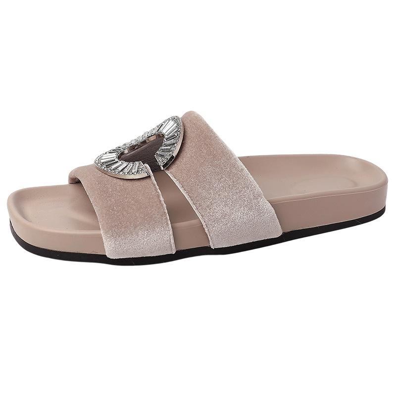French Retro One-word Crystal Buckle Thick Heel Cool Slippers Summer Fashion Suede Sandals Wear Open-toed Women's Slippers