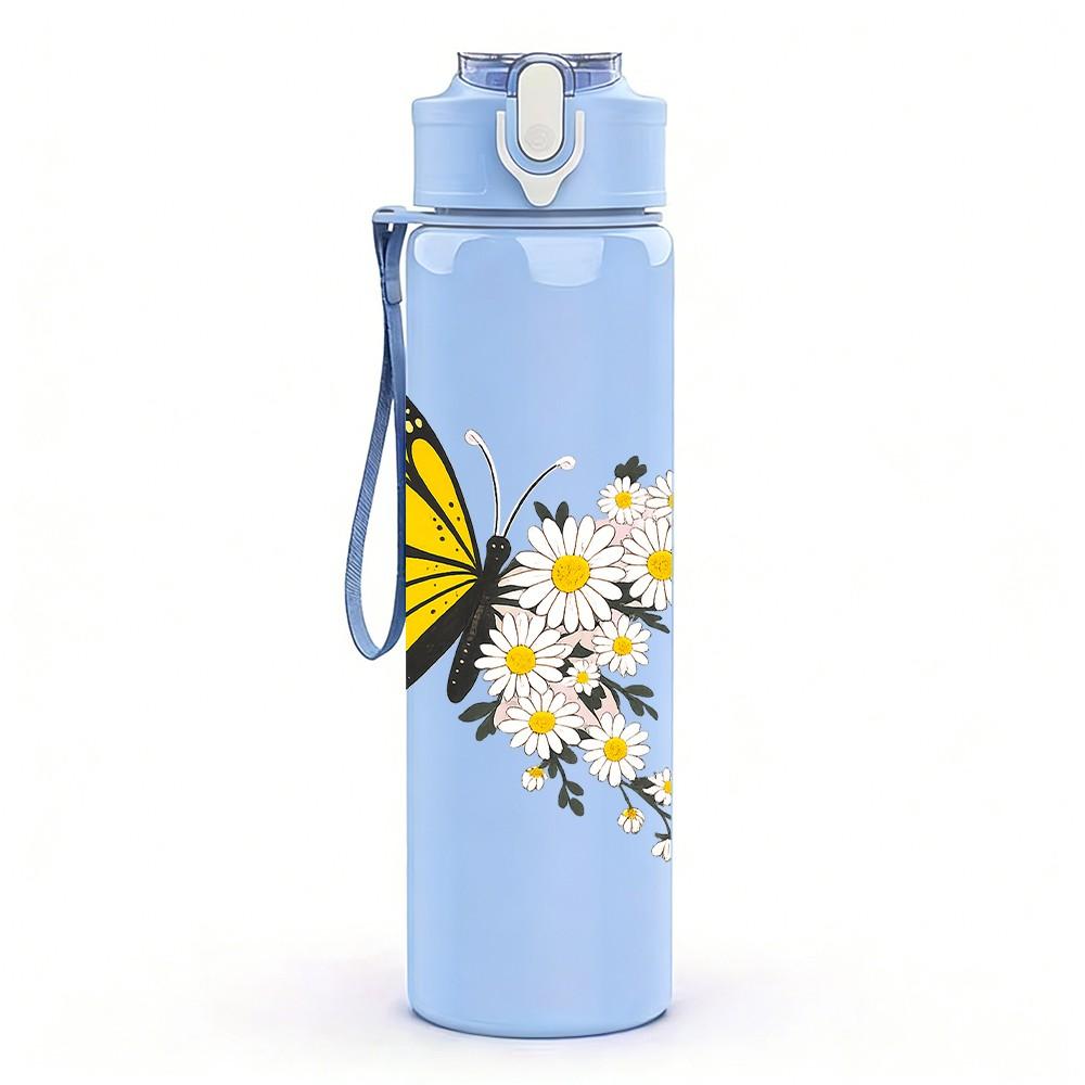1PC Yellow Butterfly Daisy Flower Print 750ml Color Plastic Sports Water Bottle Leakproof Flip Straw Lid Suitable for Sports Office Home Use