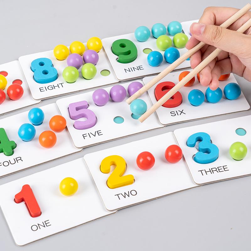 Clip Beads Blue Wooden Number Matching Game - Educational Toy for Youngsters, Enhances Math Skills