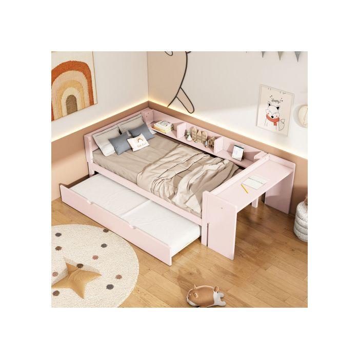 Lit Avec Lit Gigogne - MUVOE - 90x200cm - Rose - Bureau Intégré - 3 Étagères De Rangement