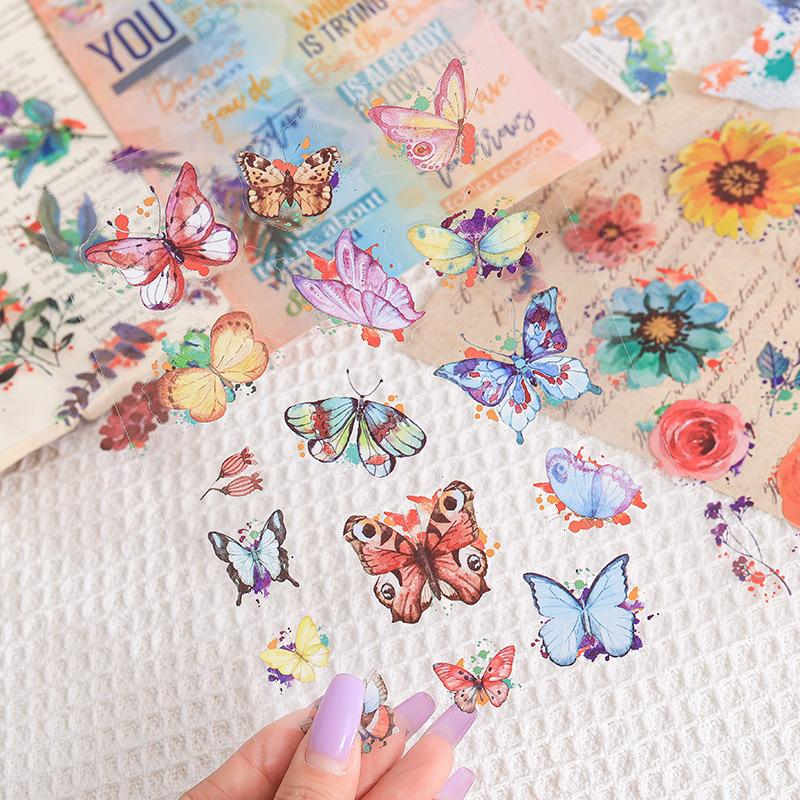 6 - Piece Butterfly & Flower PET Sticker Pack, for Hand - Account and Scrapbook Decoration